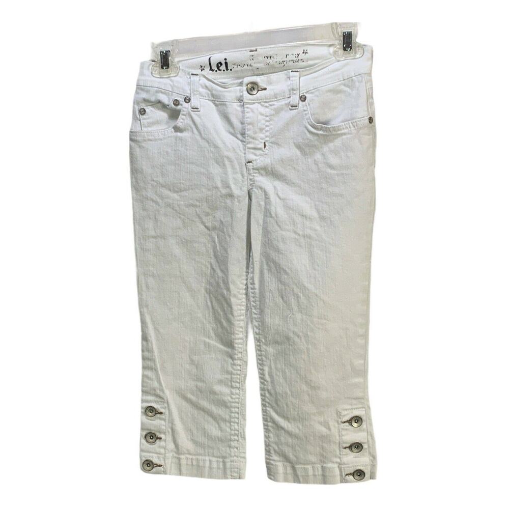 Lei Girls Youth Capri Jeans Size 10 W26 x L16 White Denim Embroidered Buttons